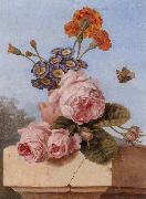 unknow artist Still life of roses,carnations and polyanthers in a terracotta urn,upon a stone ledge,together with a tortoiseshell butterfly France oil painting reproduction